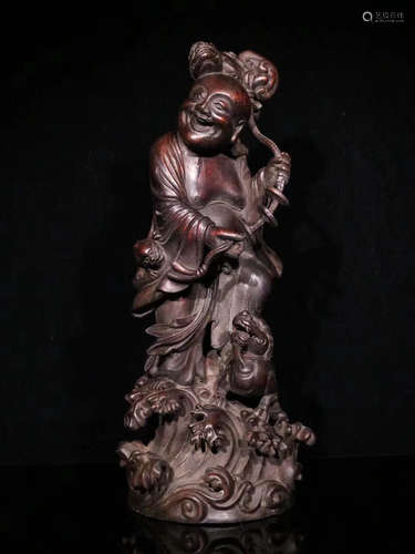 CHINESE HARDWOOD CARVED LOHAN FIGURINE