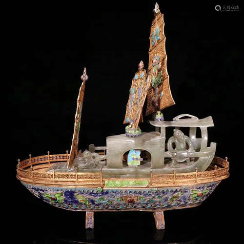 CHINESE JADE AND SILVER ENAMEL SAIL BOAT MODEL