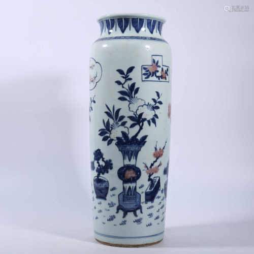 Qing Dynasty blue and white underglaze red flower pattern bottle