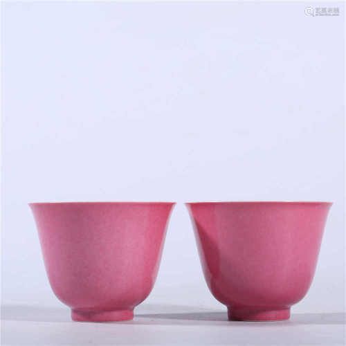 A pair of rouge glazed cups in Kangxi of Qing Dynasty