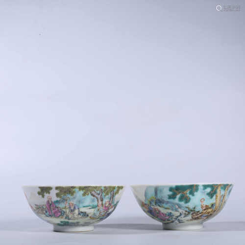 A pair of bowls about Jiaqing pastel characters in Qing Dynasty