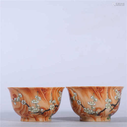 A pair of pastel bowls with imitation wood grain glaze in Qianlong of Qing Dynasty