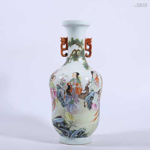 Qing Dynasty Qianlong pastel characters story double ear bottle