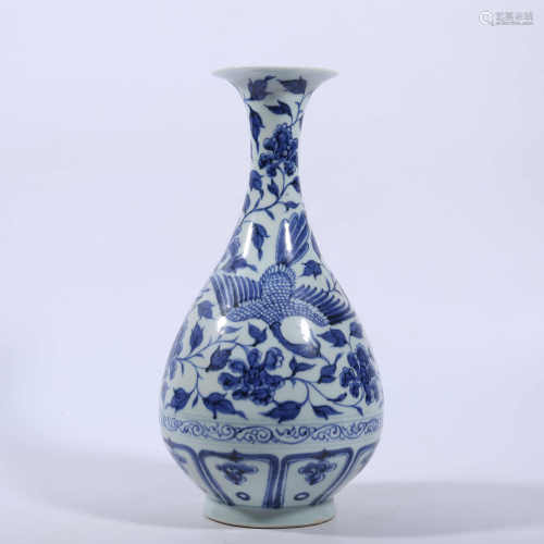 Blue and white jade pot spring vase with phoenix pattern in Yuan Dynasty