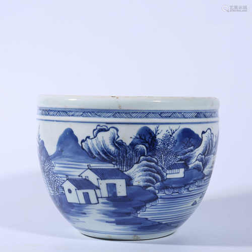 Blue and white large vat with landscape pattern in Qing Dynasty