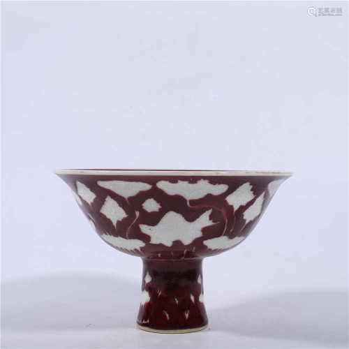 Yuan Dynasty red glazed high foot bowl with fish and algae pattern