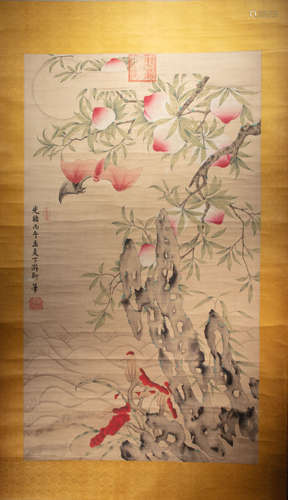 CHINESE CALLIGRAPHY AND PAINTING 'SHOU TAO', GUANGXU PERIOD QING DYNASTY