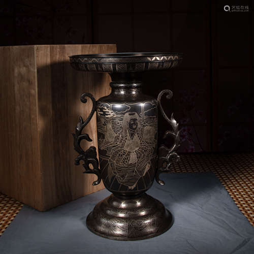 JAPANESE BRONZE VASE INLAID SILVER