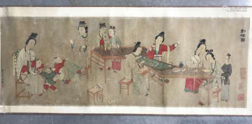 彩色水墨卷轴画，中国纸，20世纪初，表现妇女忙于刺绣的情景，有签名和印章
