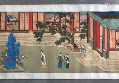 绢本彩墨滚轴画 中国，20世纪初 百名美人在室内或花园中忙碌，有签名和印章
