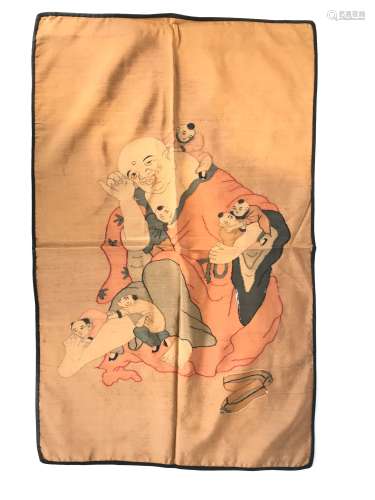 四幅丝织克丝中国，前两幅为金线背景下的人物动画场景，后两幅为仙人和僧侣与儿童环绕的装饰 尺寸：从41.5 x 72 cm到137 x 75 cm。