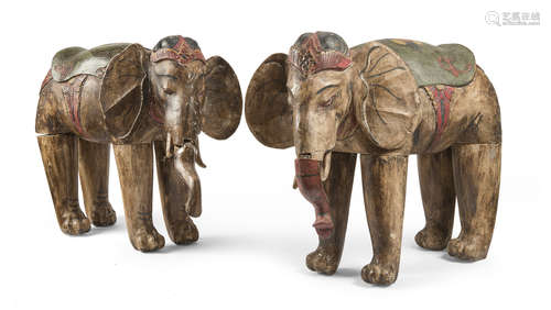 A PAIR OF INDIAN POLYCHROME LAQUER WOOD SCULPTURES OF ELEPHANTA. EARLY 20TH CENTURY. BROKEN LEGS AND