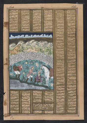 PERSIAN SCHOOL END 19TH EARLY 20TH CENTURY. HUNTING SCENE AND HISTORICAL NARRATIVE. MIXED MEDIA ON P