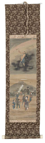 JAPANESE PAINTER 19TH CENTURY. ALLEGORIES OF WIND, THUNDER AND RAINBOW. THREE MIXED MEDIA ON PAPER