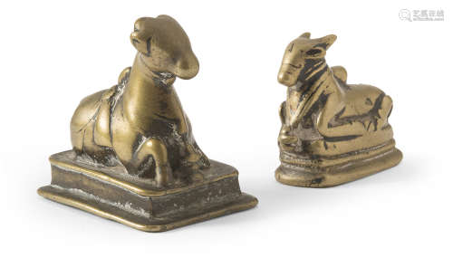 TWO SMALL INDIAN BRONZE SCULPTURES DEPICTING NANDI. EARLY 20TH CENTURY.