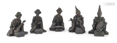 A SET OF FIVE JAPANESE BURNISHED PATINA BRONZE FIGURES OF MUSICIANS