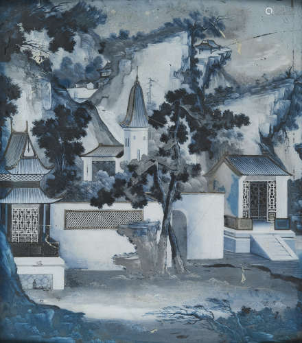 CHINESE SCHOOL 20TH CENTURY. MOUNTAINOUS VIEW. MIXED MEDIA ON GLASS.