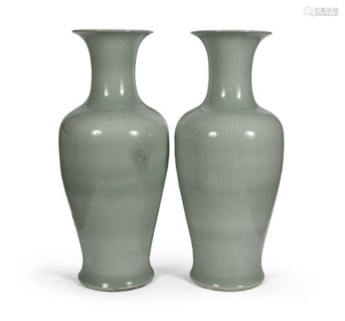 A PAIR OF TALL CHINESE CELADON GLAZED VASES. 20TH CENTURY.