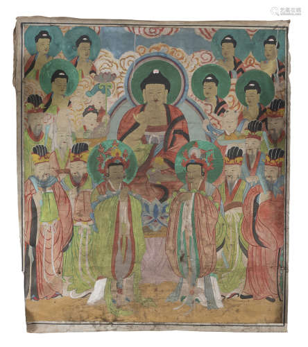 CHINESE SCHOOL 20TH CENTURY. BUDDHA AND BODHISATTVA. MIXED MEDIA ON SILK. DEFECTS AND STAINS.