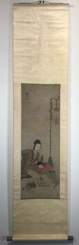 中國紙本彩色水墨卷軸畫，20世紀初，畫中有一女子坐在燈籠腳下，另一女子跪著睡覺，左上有唐寅的題字及印章，右下有印章 尺寸：92 x 32.5 厘米
