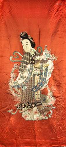 绣花丝挂。中国，约1940年。紅底觀音圖 210 x 92 cm