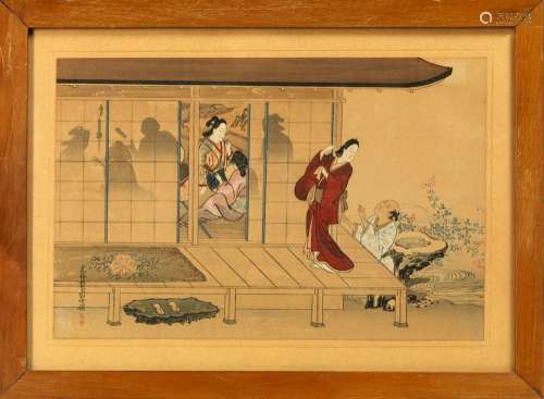 宫川清子版画 日本，十九世纪 人物装饰；附工艺美术作品；玻璃框尺寸：19,5 x 30 cm; 28,5 x 19 cm