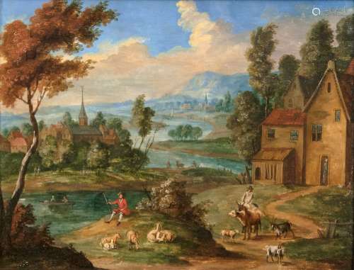 Pieter van Bredael (Antwerpen 1629 - Antwerpen 1719), zugeschr. Weite Landschaft mit Hirten am Fluss