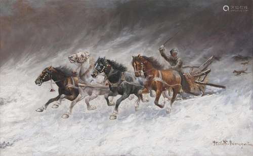 Constantin Stoiloff (Wien 1850 - Wien 1925), d.i. Adolf Baumgartner. Quadriga von Wölfen verfolgt.