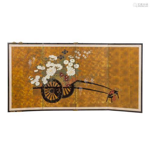 Vierteiliger Paravant. JAPAN.Ein mit Blumen geschmückter Leiterwagen ziert den changi