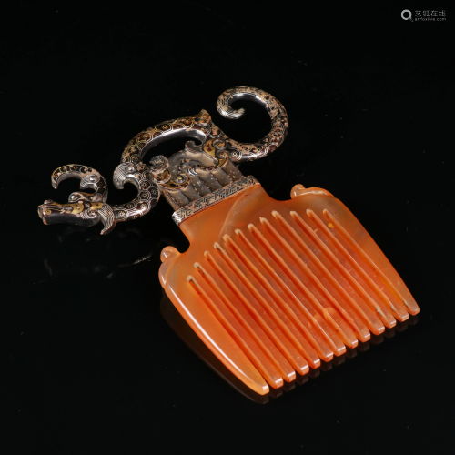Gold and Silver Inlaid Agate Comb