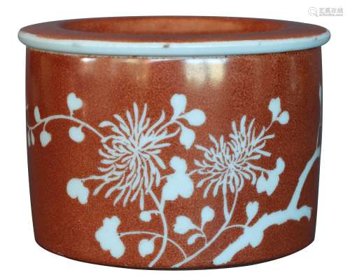 民国 珊瑚红釉白花蛐蛐缸