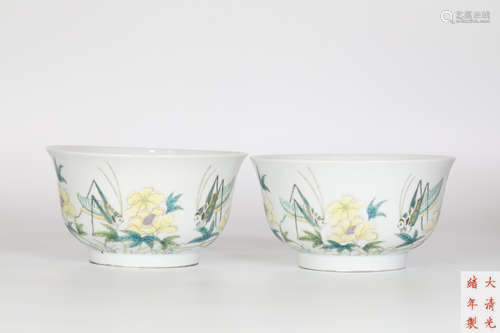 Qing, Fencai  Grass Worm bowls A pair