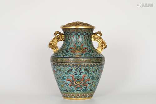 Qian Long，Cloisonne Double Dragon Ear Bottle