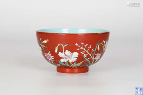 Yongzheng, coral red ground multicolored flower bowl