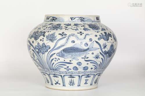 Yuan, blue and white glaze fish algae pattern jar