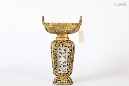 17-18th,Bronze and Inlaid Jade vase