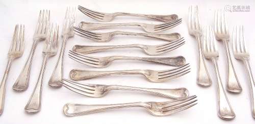 Set of sixteen Victorian table forks in threaded Hanoverian pattern, each bearing a Gothic letter H,