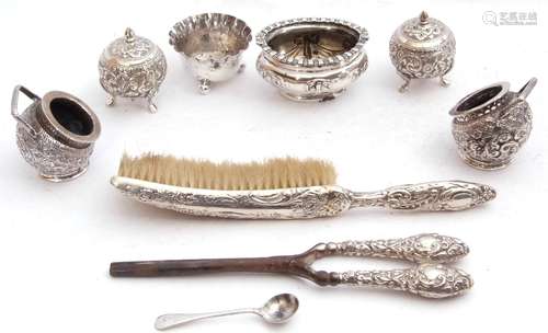 Mixed Lot: Birmingham silver open salt of oval form, tied ribbon design, marks rubbed, a Victorian