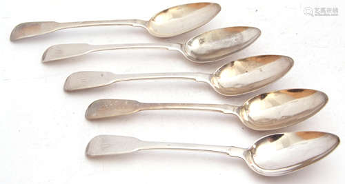 Set of five George III dessert spoons in Fiddle pattern, each initialled W in script, London 1817 by