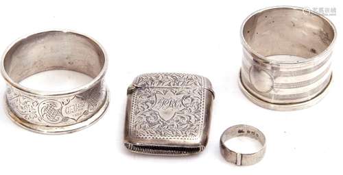 Mixed Lot: Edward VII silver vesta of typical form, the centre with engraved cartouche within a