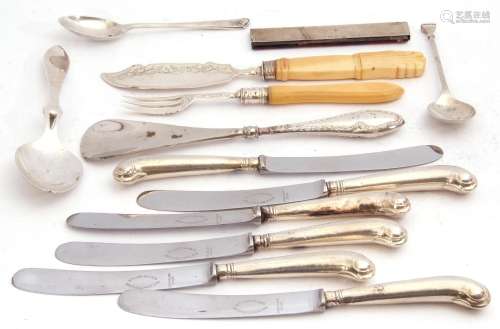 Mixed Lot: Victorian silver bladed preserve butter knife, both with carved ivory handles, silver