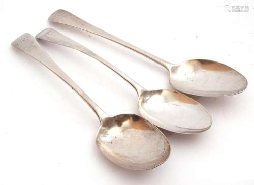 Group of three Georgian table spoons in Old English pattern, London 1791/1794/1805, one repaired,