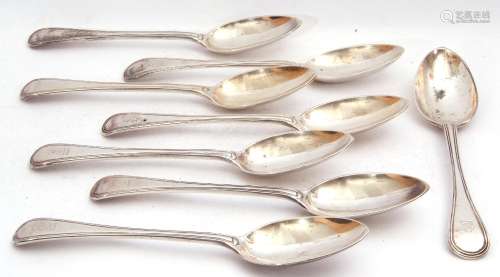 Set of eight Victorian table spoons in threaded Old English pattern, each bearing a rampant lion