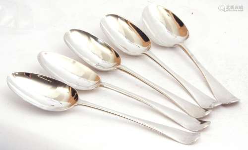 Group of five Georgian base marked silver table spoons, Hanoverian pattern, 260gms