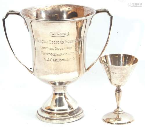 Mixed Lot: silver twin handled trophy with presentation engraving, London, 1952, maker's mark for