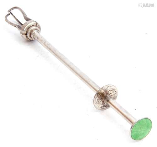 Askel Holmson Norwegian white metal pickle fork with green guilloche enamel finial, 20cm long