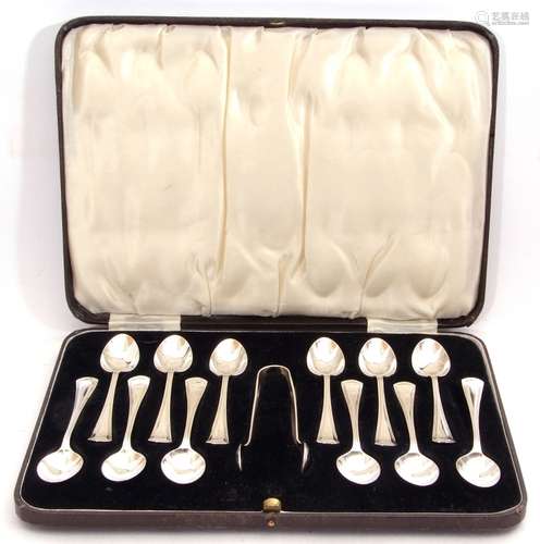 Edward VIII set of twelve tea spoons and tongs all in the Grecian pattern, Sheffield 1936, maker's