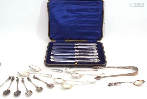 Mixed Lot: cased set of six silver handled butter knives, Sheffield 1914, John Biggin Ltd,