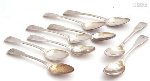 Set of nine George III tea spoons in Fiddle pattern, each initialled W in script, London 1817, by