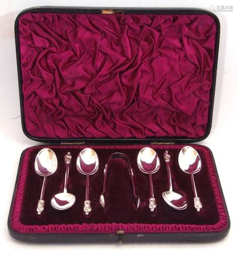 Cased Victorian set of six Apostle tea spoons and matching tongs, London 1888, maker's mark